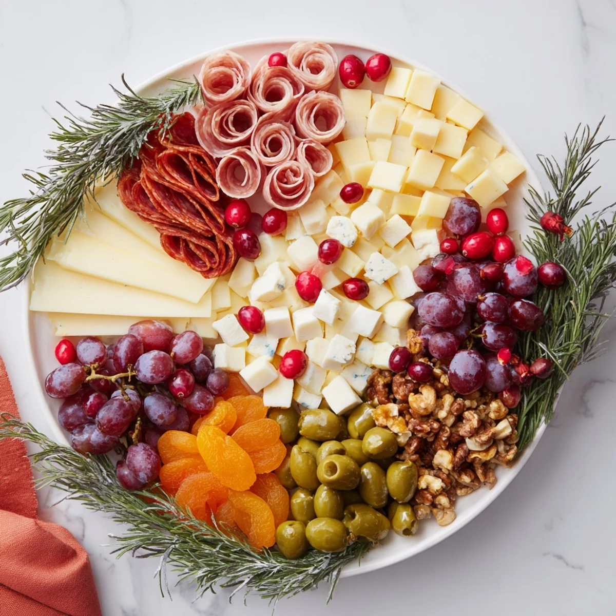 Holiday Wreath Cheese Platter, a vibrant appetizer with creamy brie and aged cheddar, ready to serve.