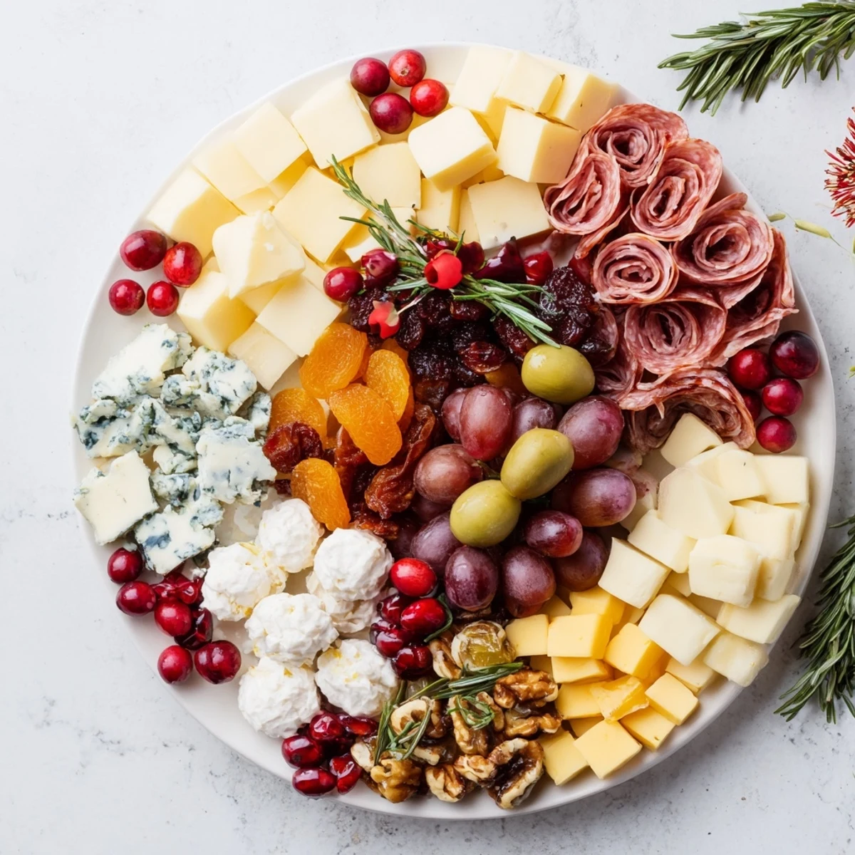 A beautifully arranged Holiday Wreath Cheese Platter, showcasing goat cheese and ripe grapes for a party.