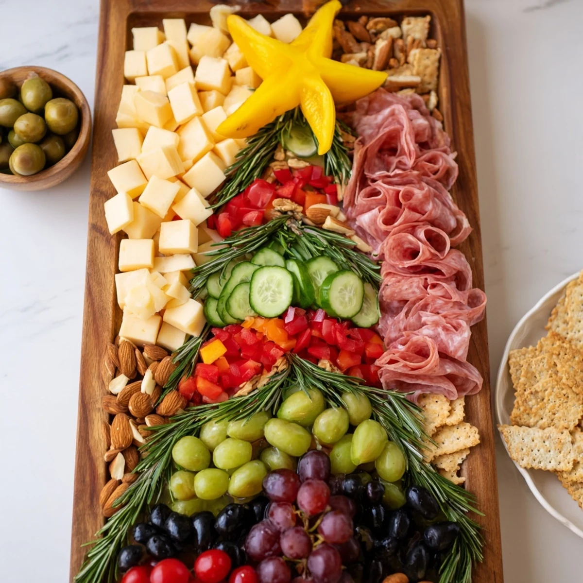 Vibrant Christmas Tree Snack Board with cheeses, meats, fruits, and crackers perfect for a holiday appetizer.