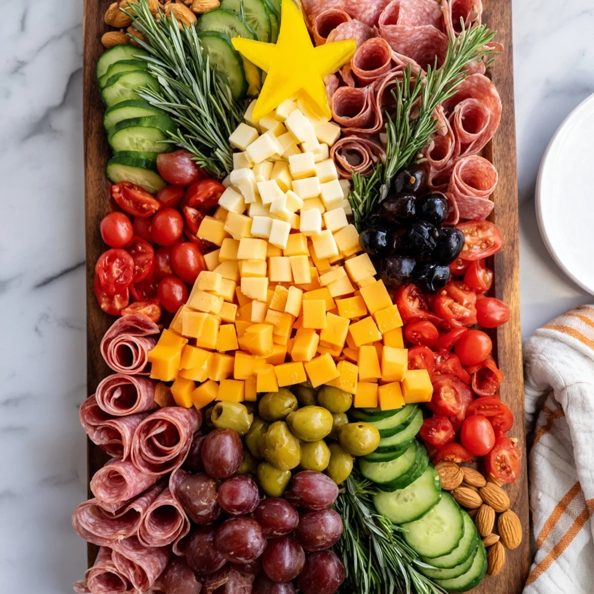 Delicious party-ready Christmas Tree Snack Board, inviting guests with an assortment of cheeses and crackers.