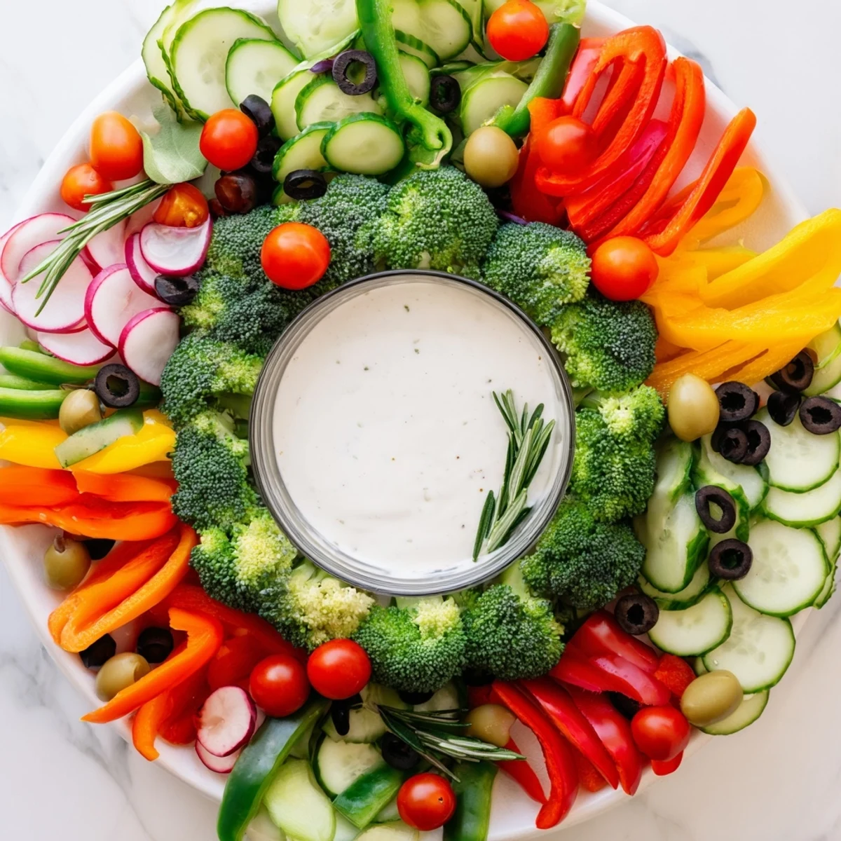 Fresh, vibrant Wreath Veggie Dip Platter, a healthy and colorful appetizer for your guests.