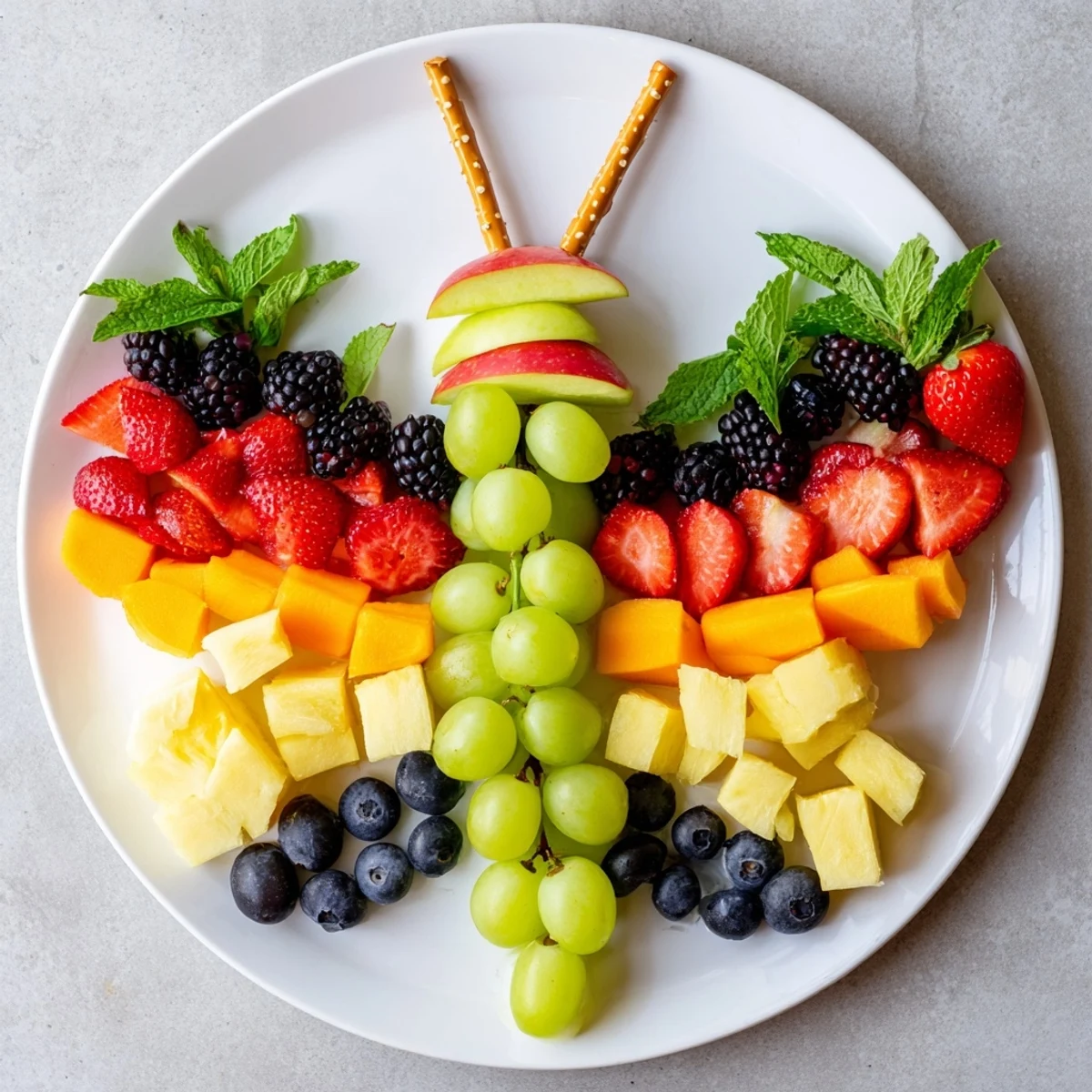 Vibrant Butterfly Fruit Tray with strawberries, grapes, and melon arranged on a large platter for a healthy snack.