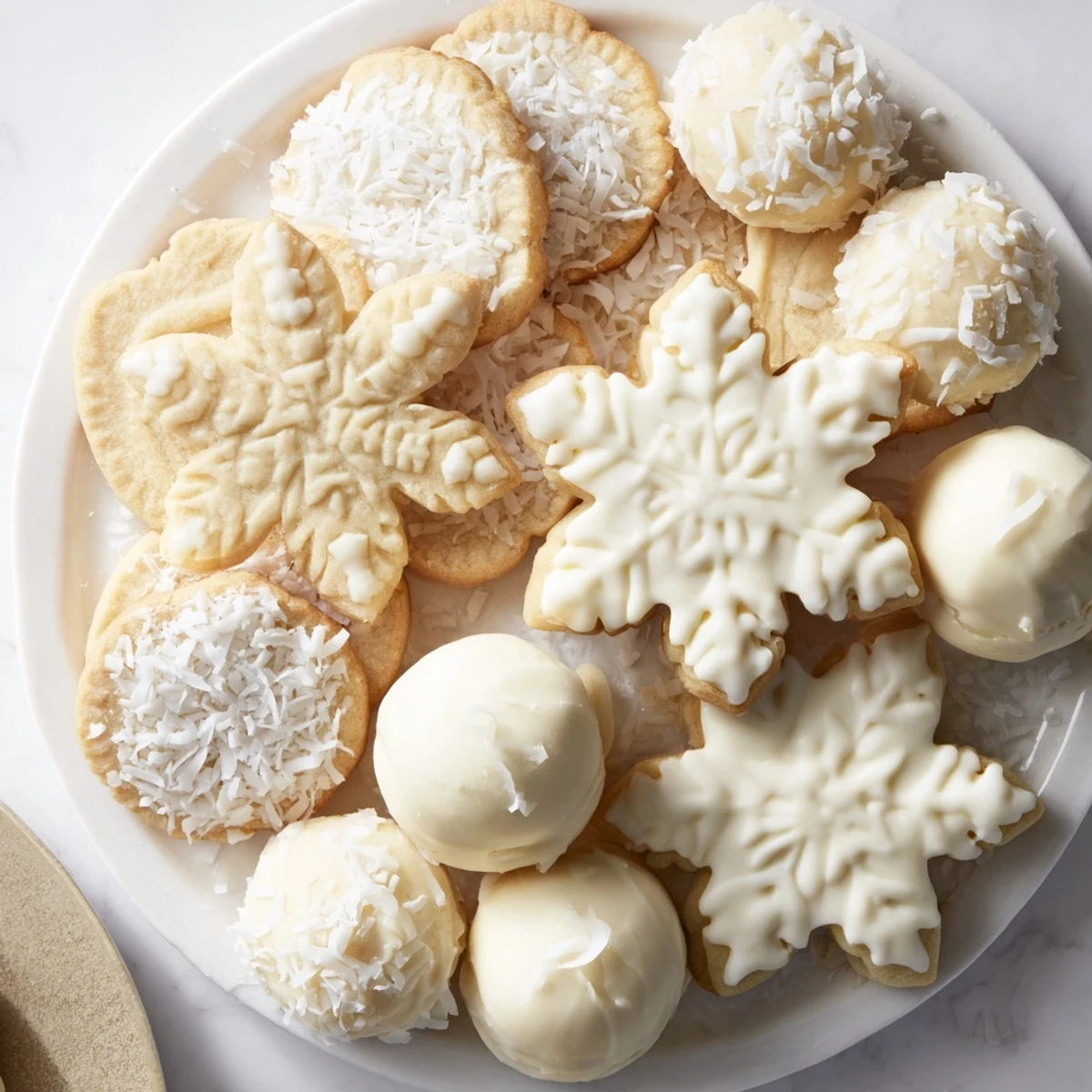 A visually appealing Snowflake Dessert Board arrangement: cookies, chocolates, and fresh berries, ready to serve.