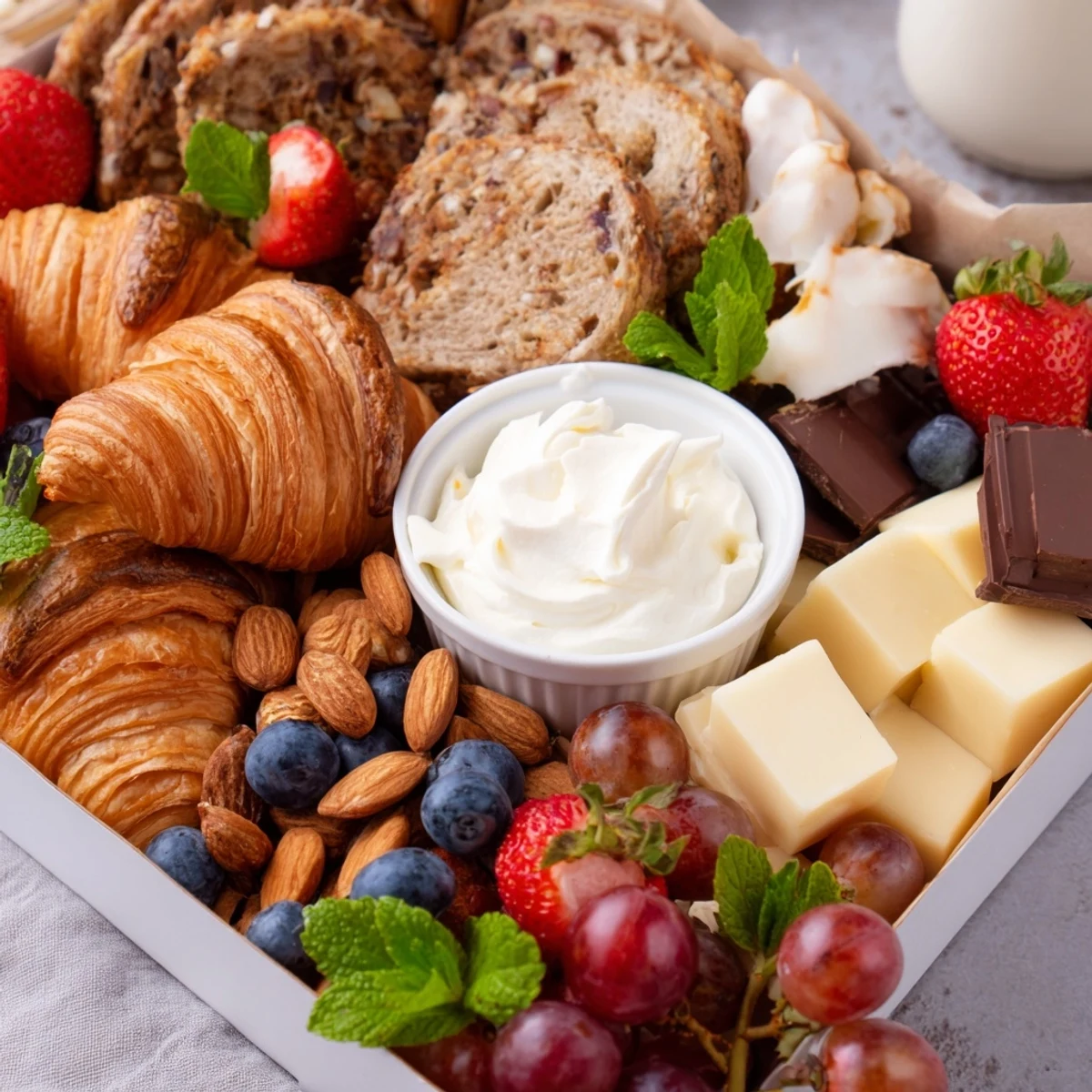 Gift Box Brunch Board overflowing with croissants, cheeses, and berries, ready to share.