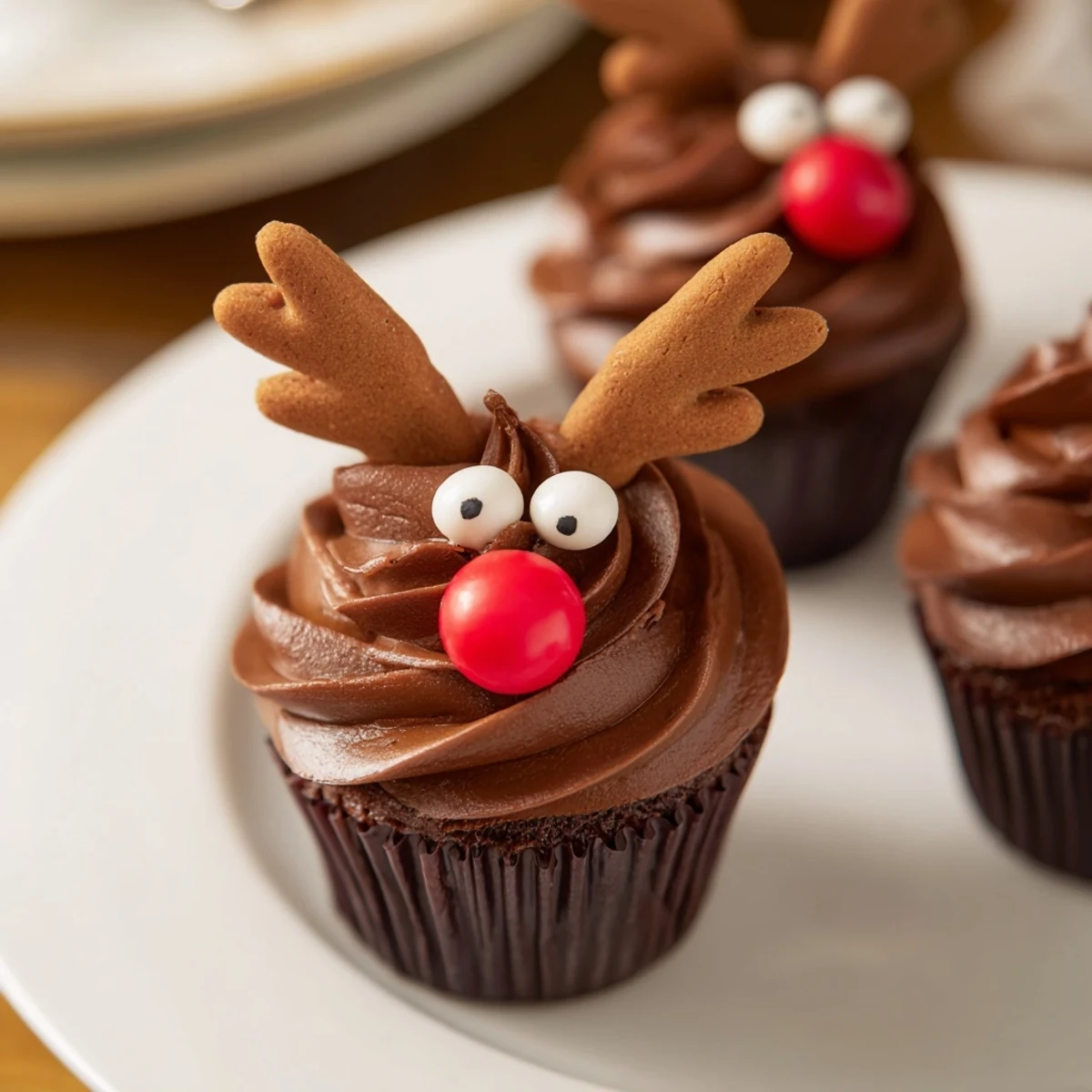 Delicious Reindeer Holiday Dessert Platter featuring frosted chocolate cupcakes, perfect for Christmas.