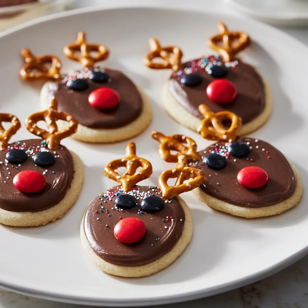 A charming platter of Santa's Reindeer Cookies, decorated with pretzels and candy noses.
