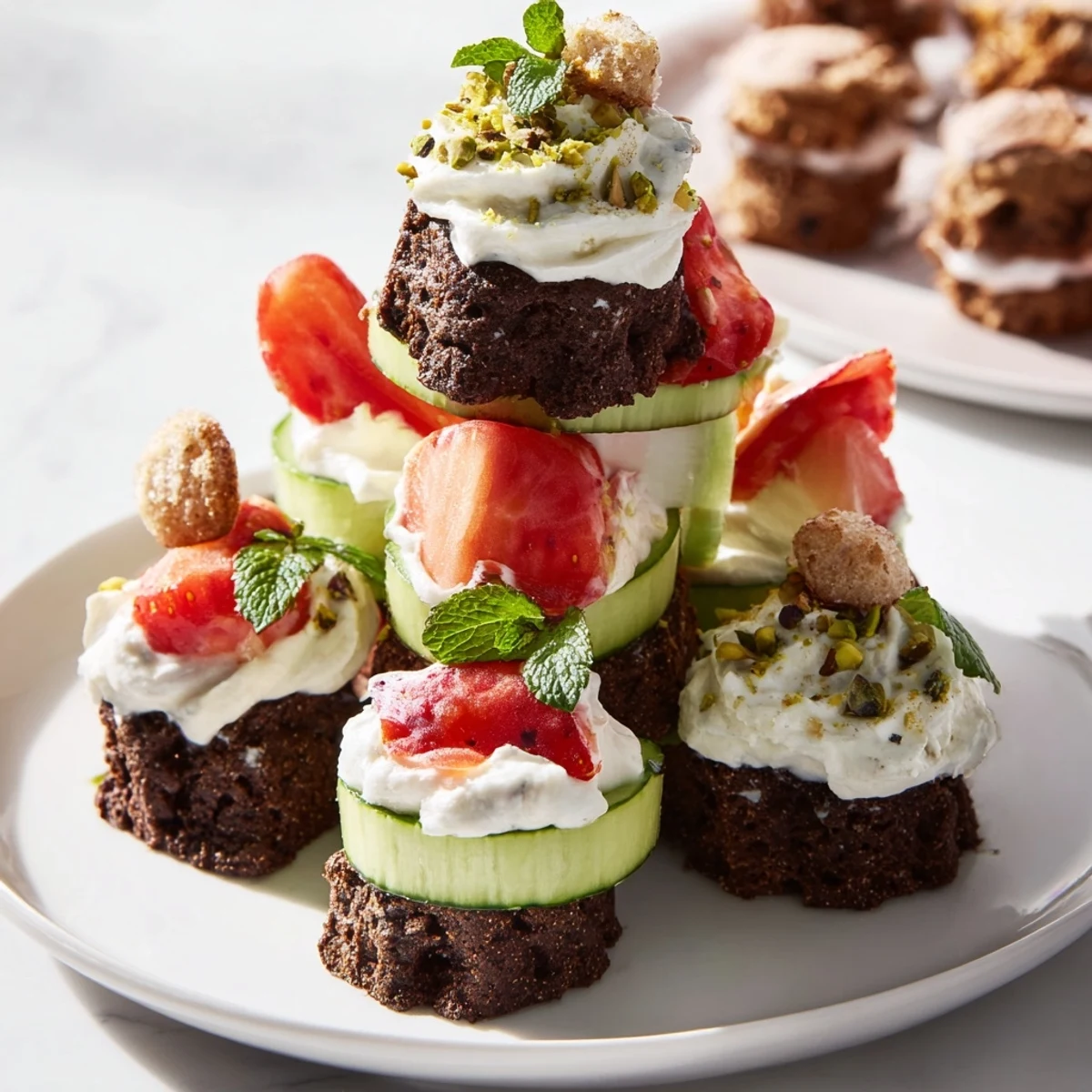 A delightful Tour dÉléphant Goûter Gourmand snack tower with honey drizzle and pistachio garnish.