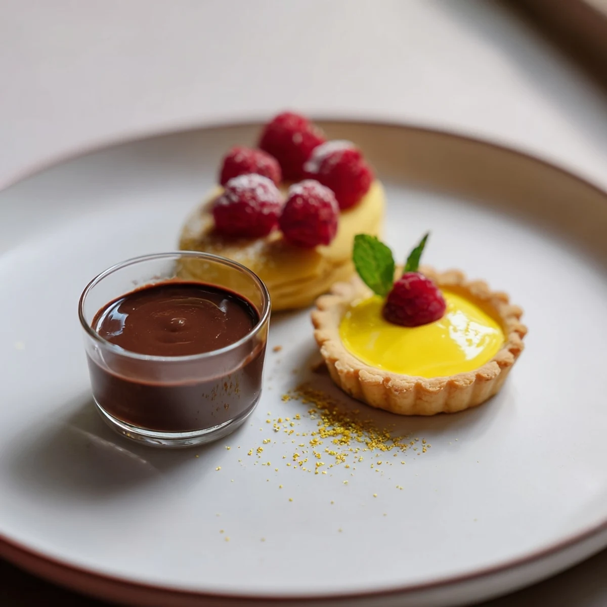 A gorgeous Assiette de Desserts Starry Delight arrangement with miniature sweets, berries, and gold dust, looking decadent.