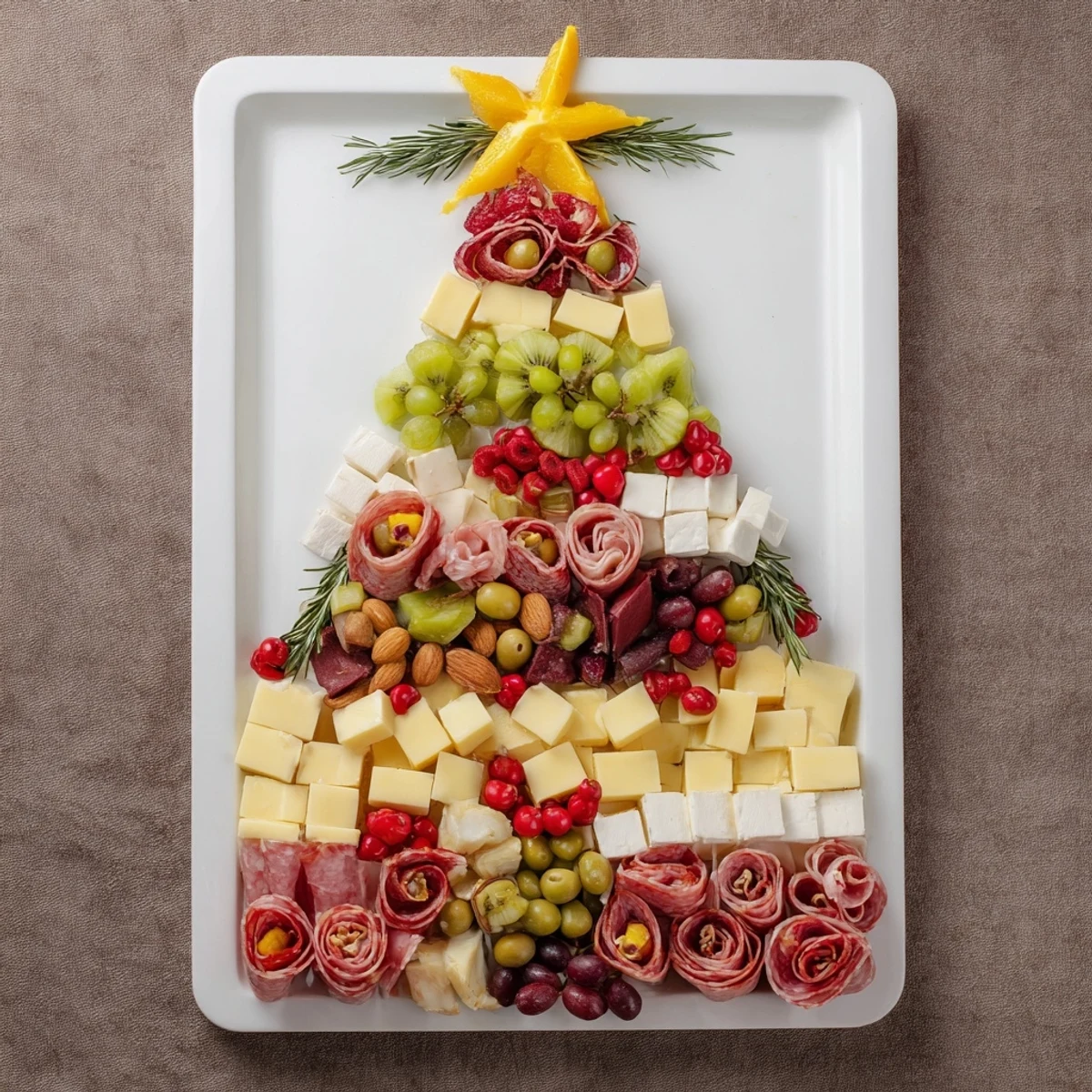 Festive Holiday Tree Appetizer Platter boasts vibrant cheeses and charcuterie, arranged beautifully for a holiday spread.