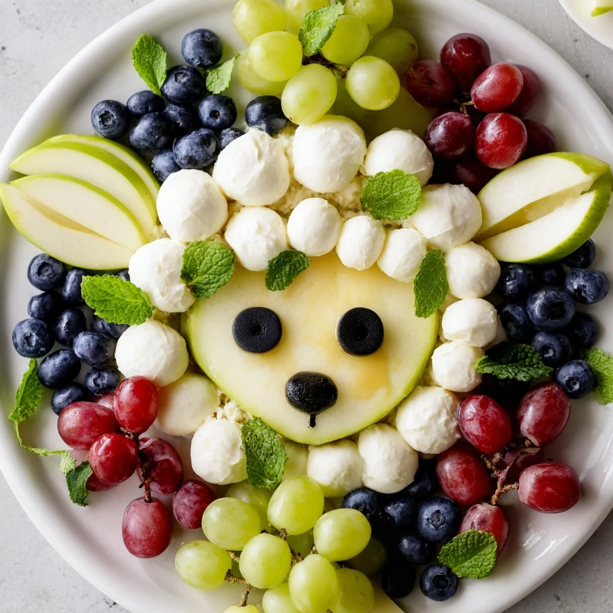 A whimsical Lamb Face Fruit and Cheese Platter with colorful grapes and tasty mozzarella.