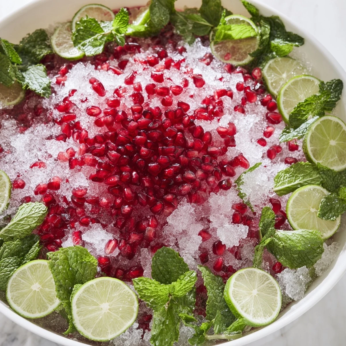 Festive pomegranate and mint wreath drink, a vibrant holiday beverage, garnished with mint and lime.