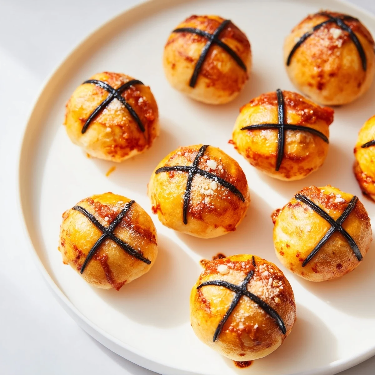 Cheesy basketball pizza bites, perfectly round, topped with black olive lines, perfect game day eats.