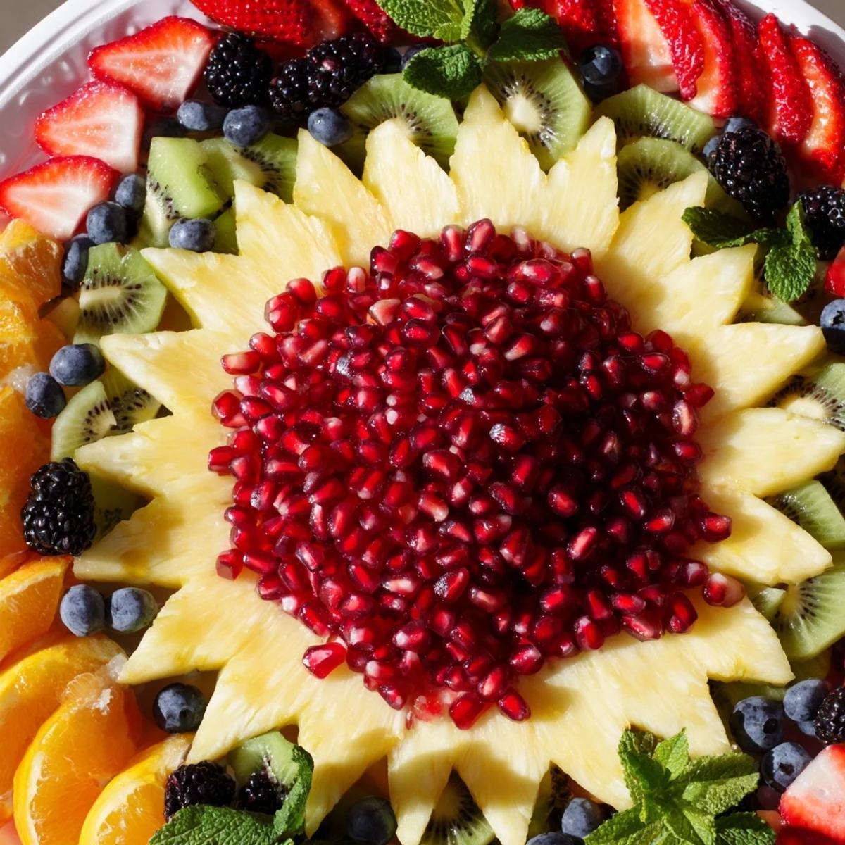 Vibrant Pomegranate Starburst Platter with juicy arils, pineapple triangles, and colorful assorted fruits for a festive snack.