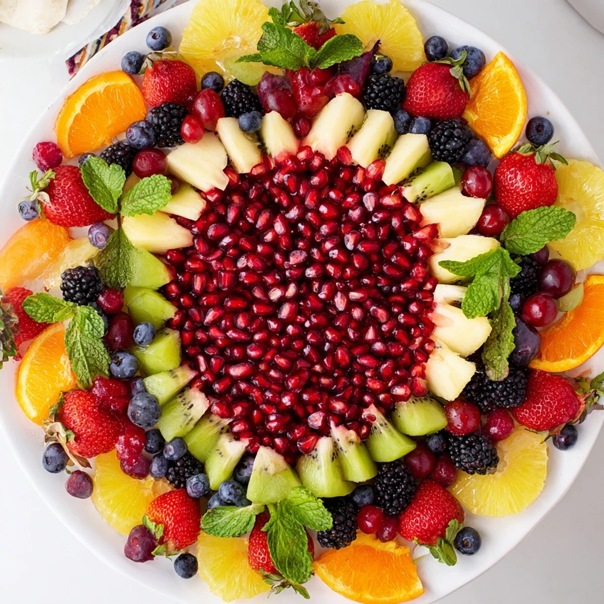 Close-up on the beautifully arranged Pomegranate Starburst Platter, a refreshing and colorful fruit appetizer perfect for any occasion.