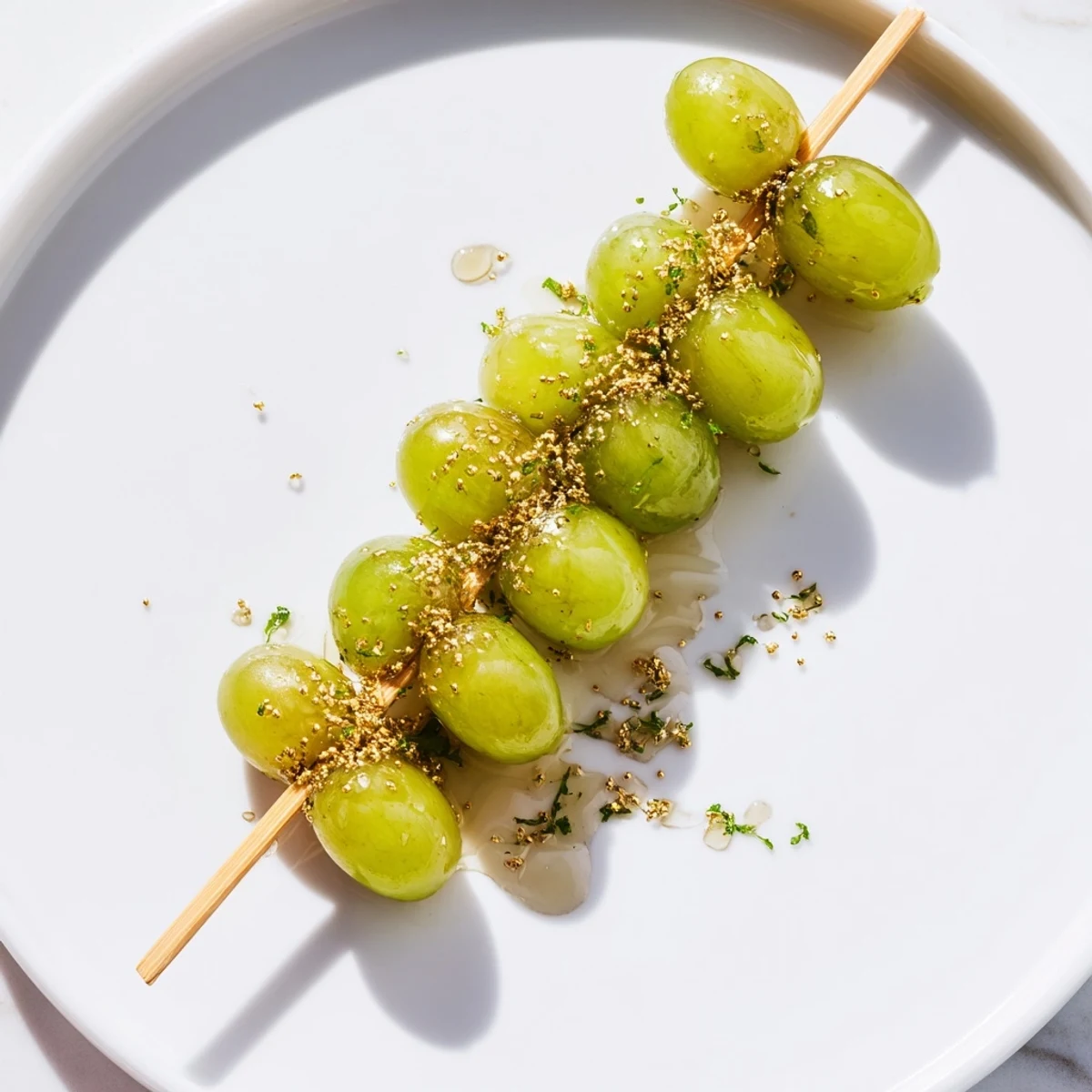 Shiny green grapes are threaded onto skewers, perfect for eating the Grapes of Luck.