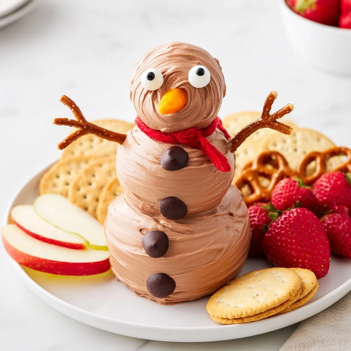 This adorable Hot Cocoa Dip snowman features chocolate chips as eyes, promising a delicious treat.
