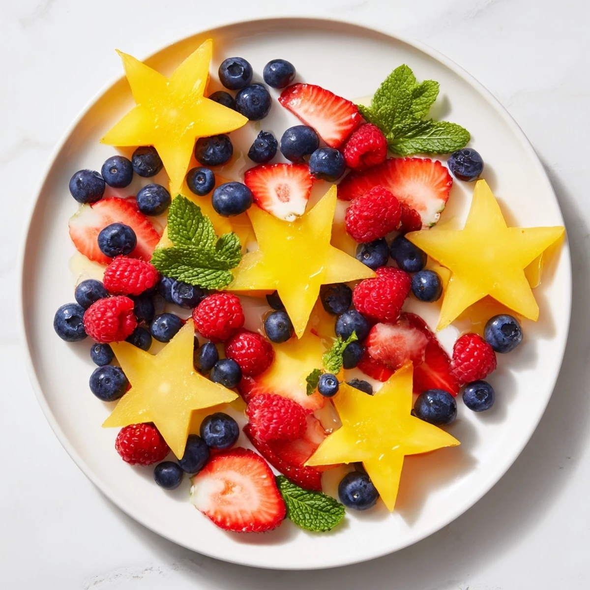 Brightly arranged starfruit and berry platter, a colorful and healthy snack for everyone.