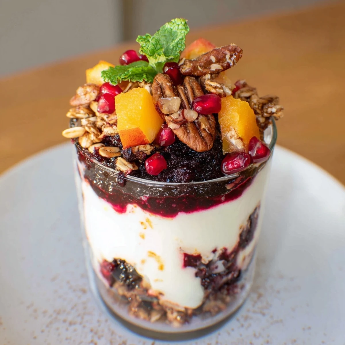 Festive Christmas Pudding Yogurt Parfait Bar with colorful fruit compotes and crunchy toppings, ready to enjoy.