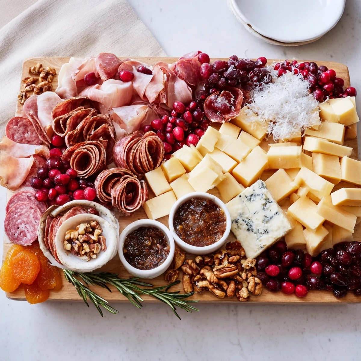 Vibrant winter forest charcuterie board: savory meats, creamy cheeses, and festive garnishes for a holiday feast.