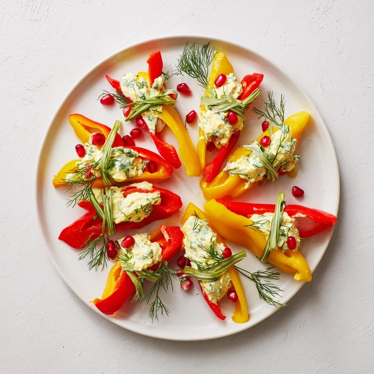 Vibrant Bell Pepper Christmas Bow appetizers, filled with creamy cheese and ready to serve at your party.