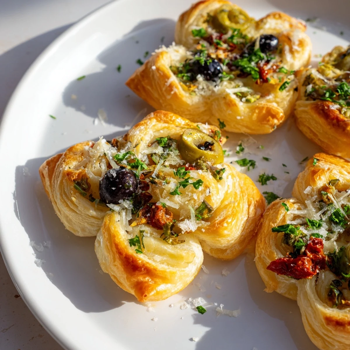 Golden Olive and Sundried Tomato Star Garland, a delightful appetizer displaying flaky pastry topped with flavorful ingredients.
