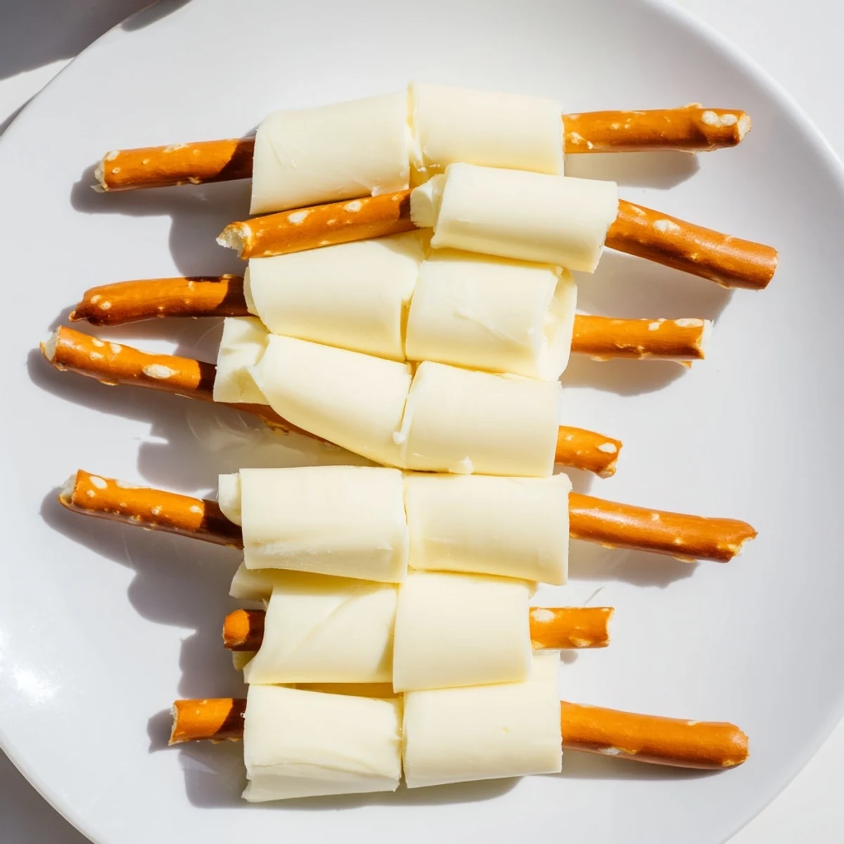 String cheese and pretzel rods snack: creamy mozzarella and salty pretzel rods, a quick and easy kids' snack.