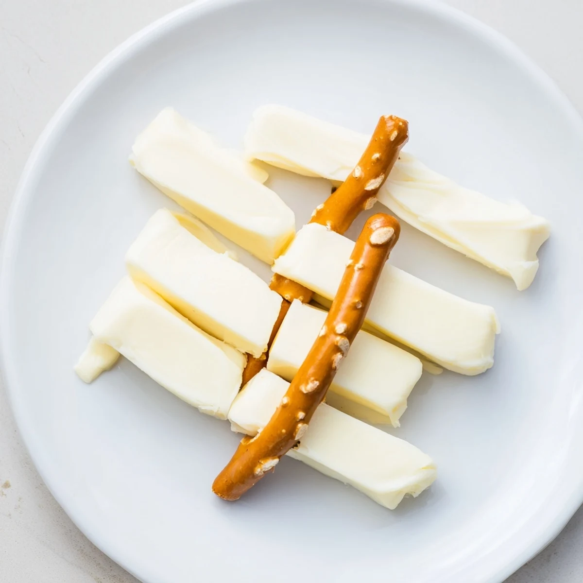 String cheese and pretzel rods served on a platter, ready to dip into marinara or honey mustard!