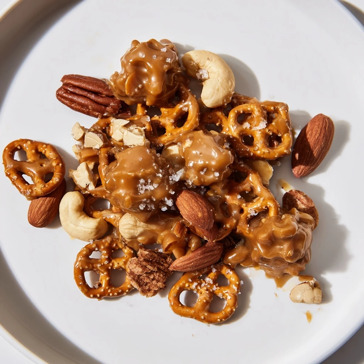 Clusters of crunchy Salted Caramel Pretzels and Nuts, ideal for gifting or a satisfying dessert.
