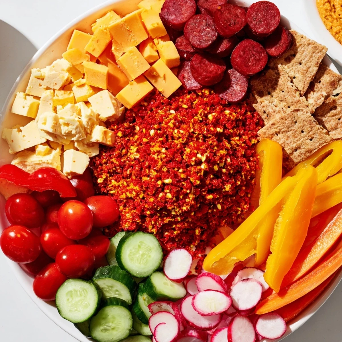 The Spicy Hot Take Platter offers colorful, spicy ingredients radiating outward to create a beautiful presentation.