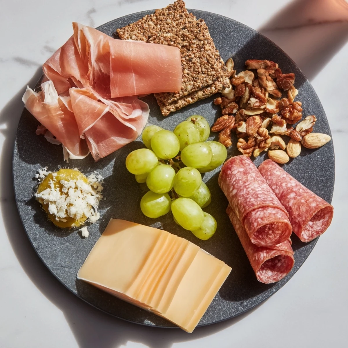 A single-serving charcuterie board, with prosciutto elegantly draped beside creamy cheeses and grapes.