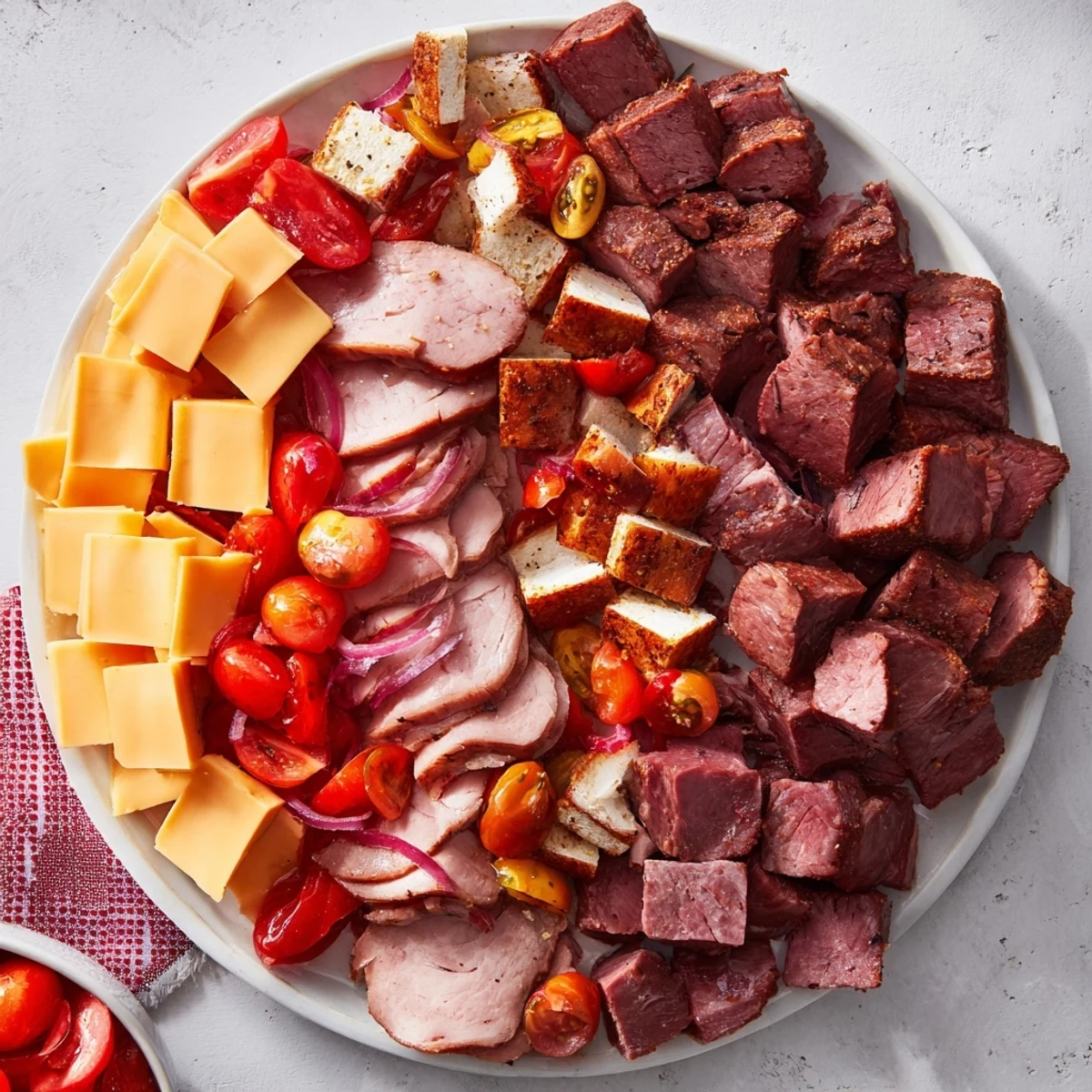 Beautifully arranged Keto Power Plate of meats, cheeses, and colorful, crisp vegetables, ready to eat.
