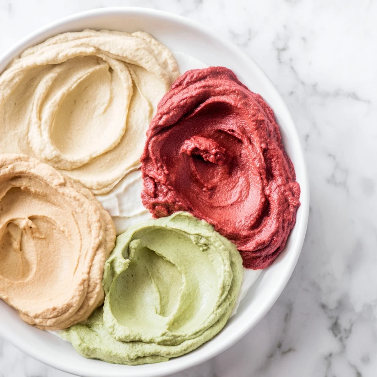 Vibrant marble swirl appetizer: a feast of colorful hummus dips swirled, perfectly served with matching crackers.