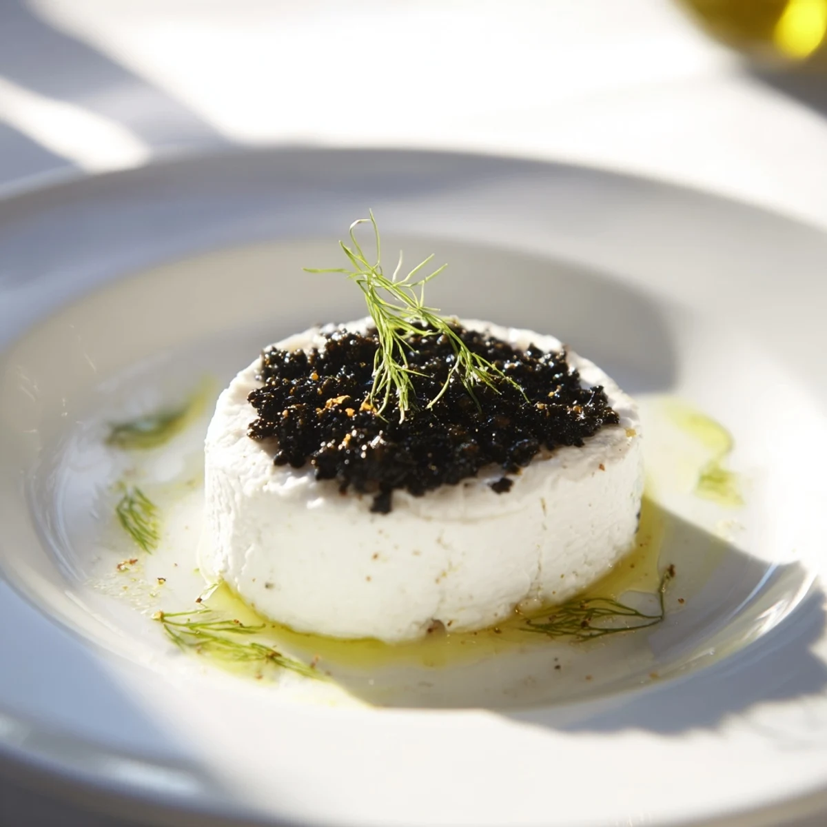 The Victorian Cameo appetizer: creamy goat cheese ovals topped with striking black olive tapenade silhouettes.