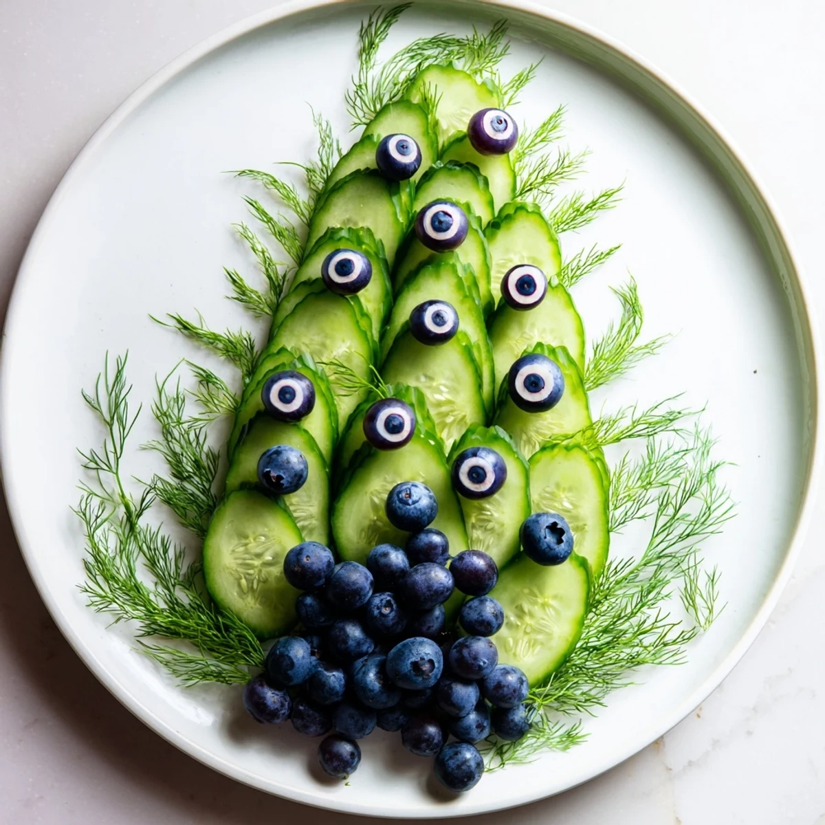 Enjoy the unique Peacock Tail! A creative veggie appetizer with grapes, radishes, and fresh cucumbers.