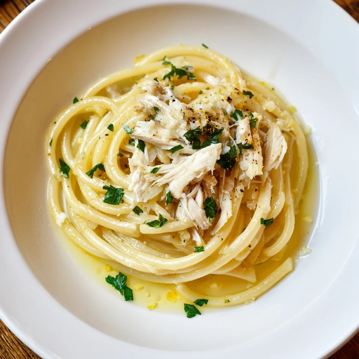 Fragrant Simple Garlic Butter Bucatini, glistening with butter, topped with savory shredded chicken, ready to eat.