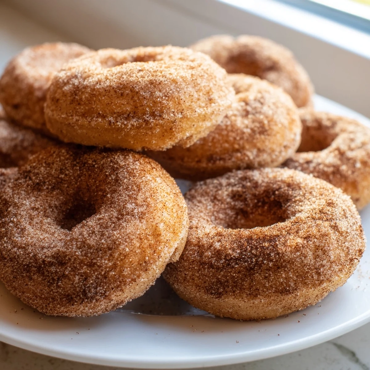 Warm, fluffy cinnamon-sugar baked donuts, dusted with sweet, fragrant topping, ready to eat.