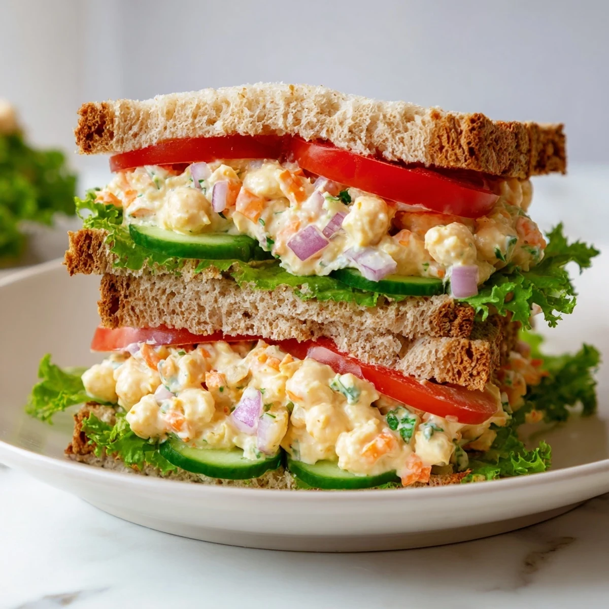 Freshly made Easy Chickpea Salad Sandwich, creamy filling spilling onto whole-grain bread slices.