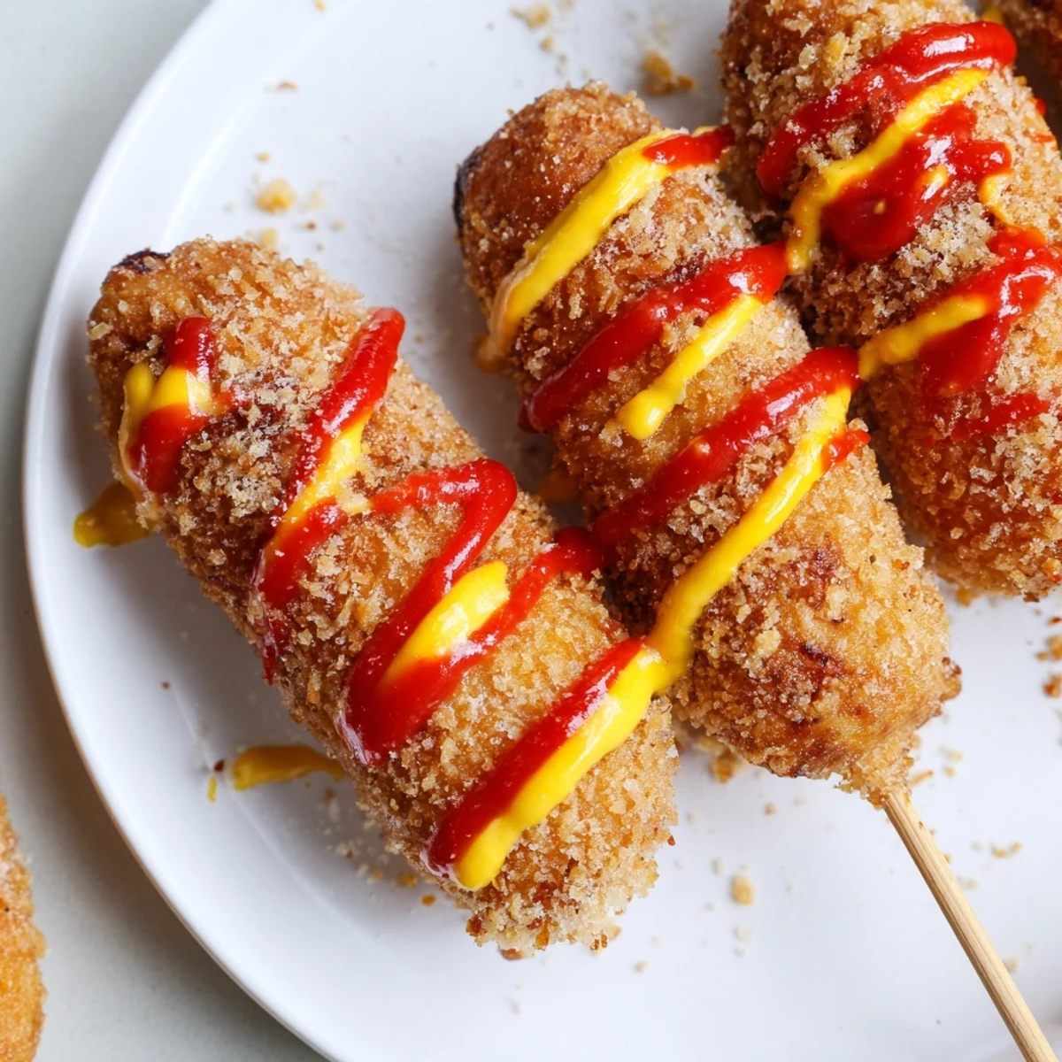 Delicious Korean-inspired corn dogs, coated in golden batter, perfect for a fun snack.