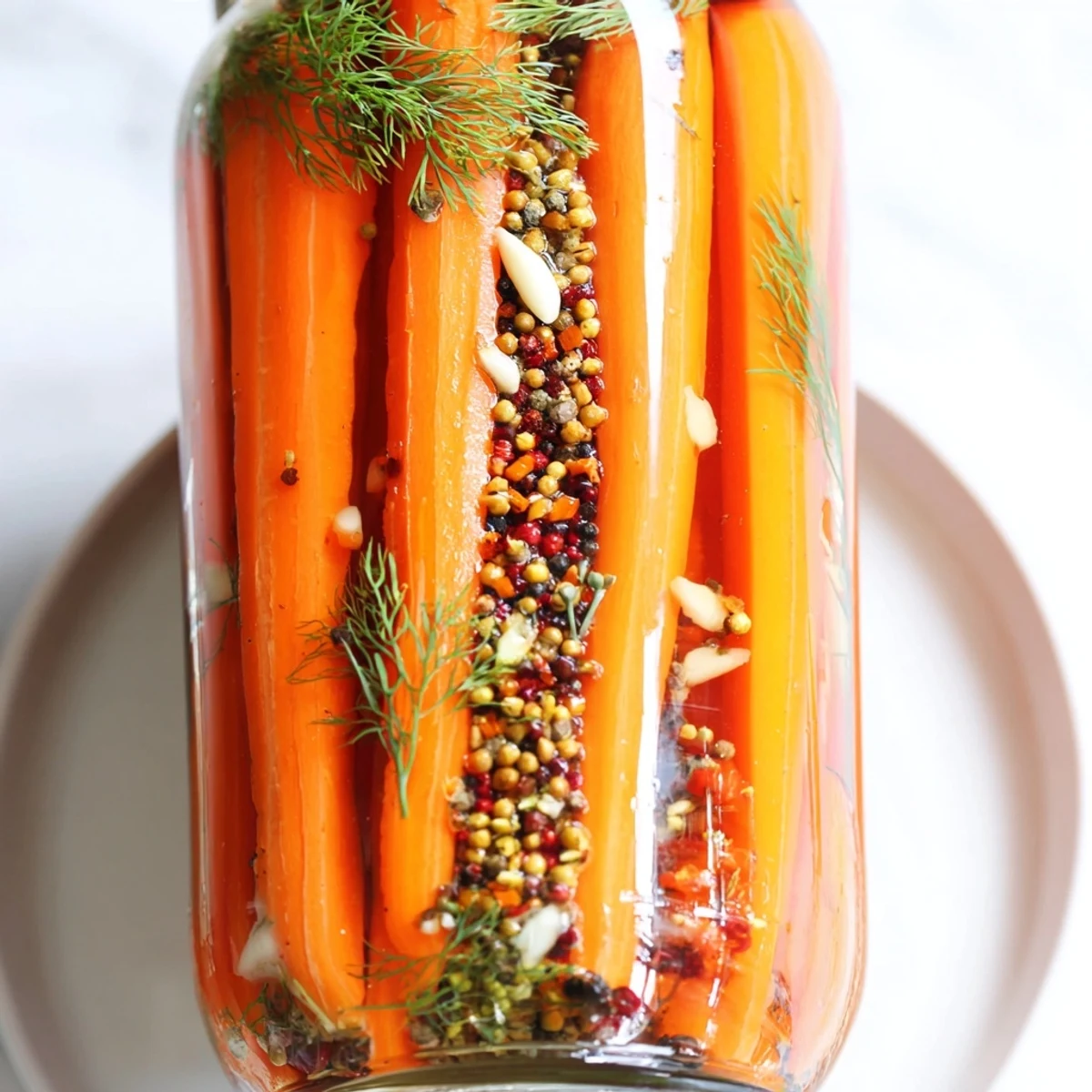 Quick Pickled Carrot Spears: Glistening, tangy carrots in a jar, ready for refrigerator pickles.