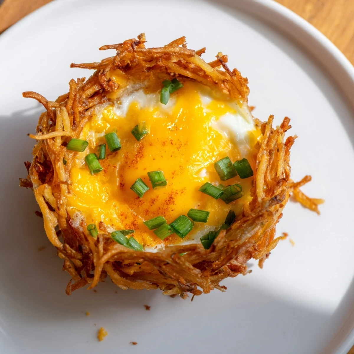 A close-up shot of baked Crispy Hashbrown Egg Nests shows the flaky potato edges and a runny yolk.