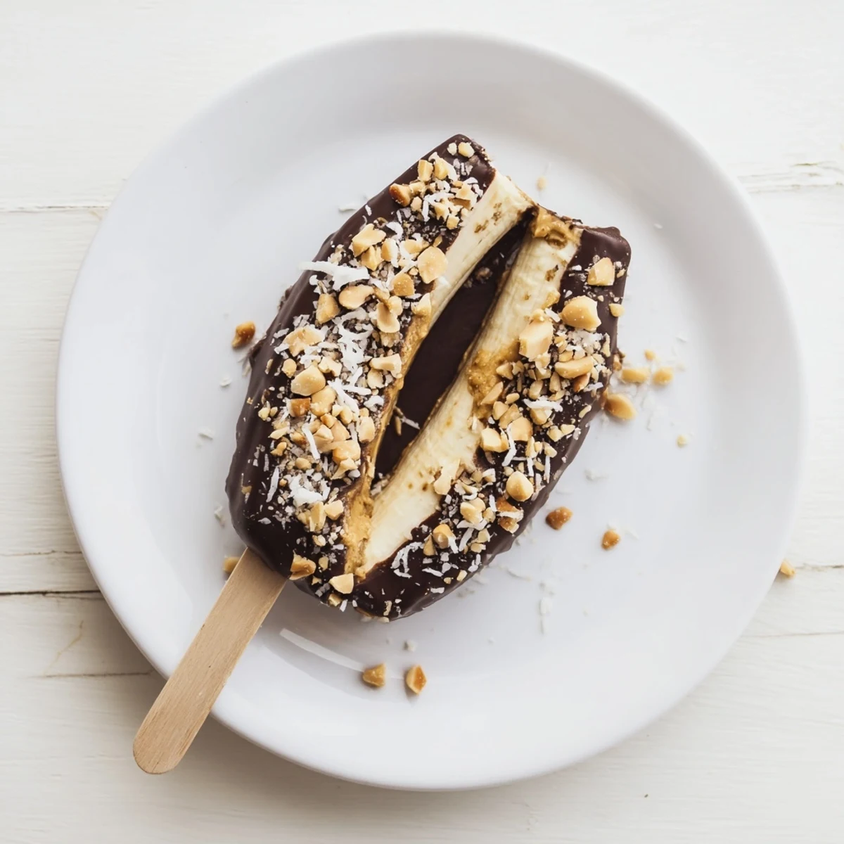 Homemade Frozen Banana Chocolate Pops, richly coated in dark chocolate and sprinkled with crunchy peanuts and coconut.