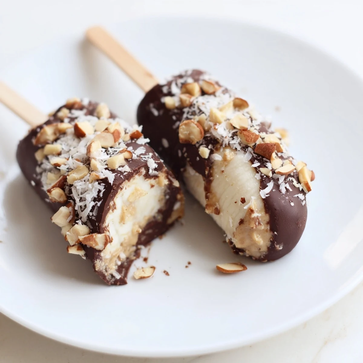 A tray of irresistible Frozen Banana Chocolate Pops; perfectly frozen, making a satisfying, cool and sweet dessert.