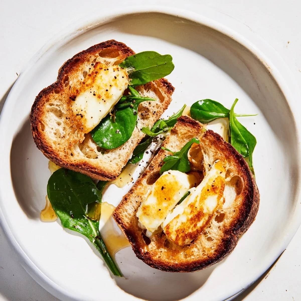Golden crispy halloumi grilled cheese sandwich, oozing with melted cheese, ready to eat alongside fresh arugula.
