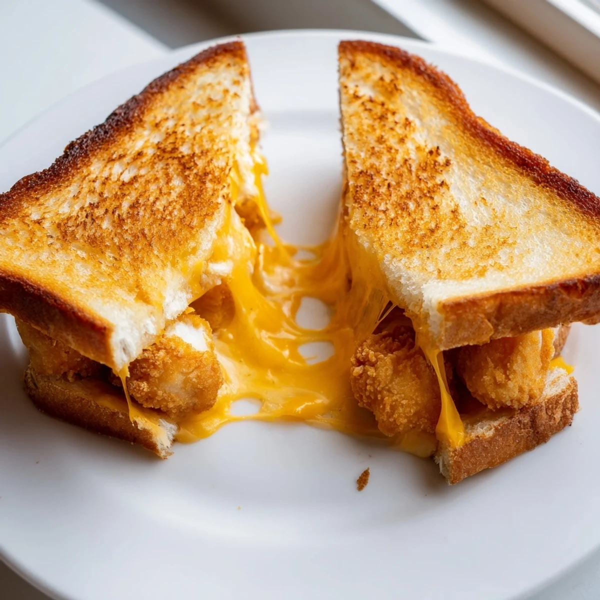 Golden, melty cheddar surrounds crispy chicken nuggets in this delectable Chicken Nugget Grilled Cheese.