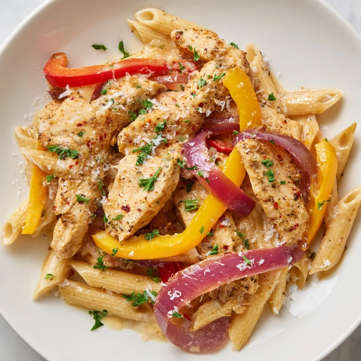 Sizzling Cajun Chicken Pasta with vibrant bell peppers and a luscious, cheesy sauce served hot.