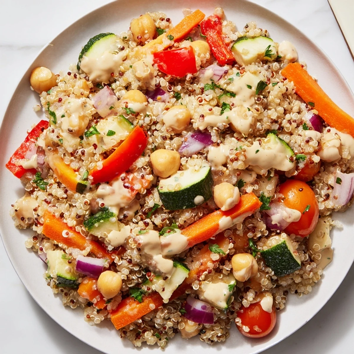 Bright and colorful Quinoa Power Salad with roasted vegetables, perfect for a healthy lunch.