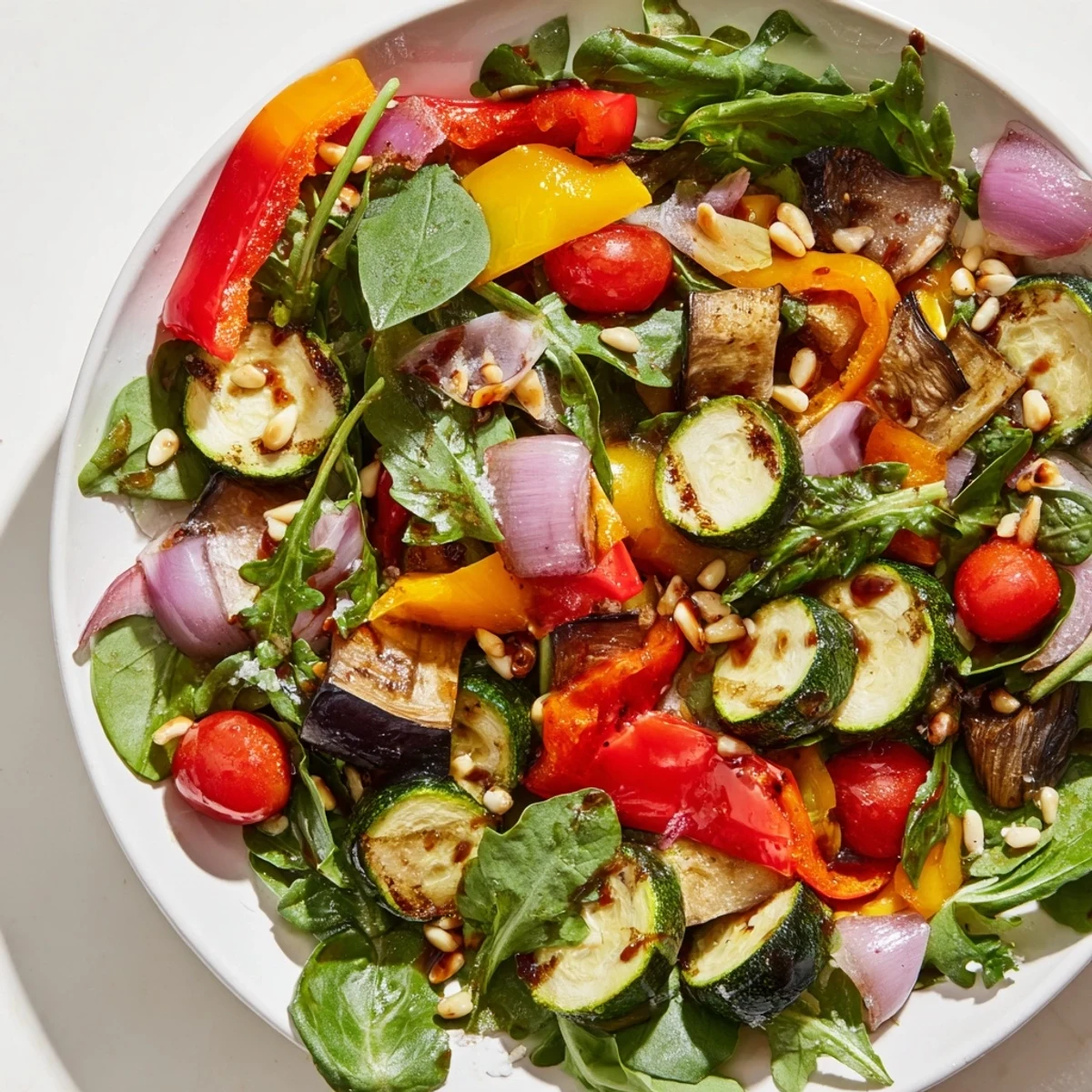 Warm, tender Roasted Vegetable Salad with mixed greens, drizzled with tangy balsamic dressing.