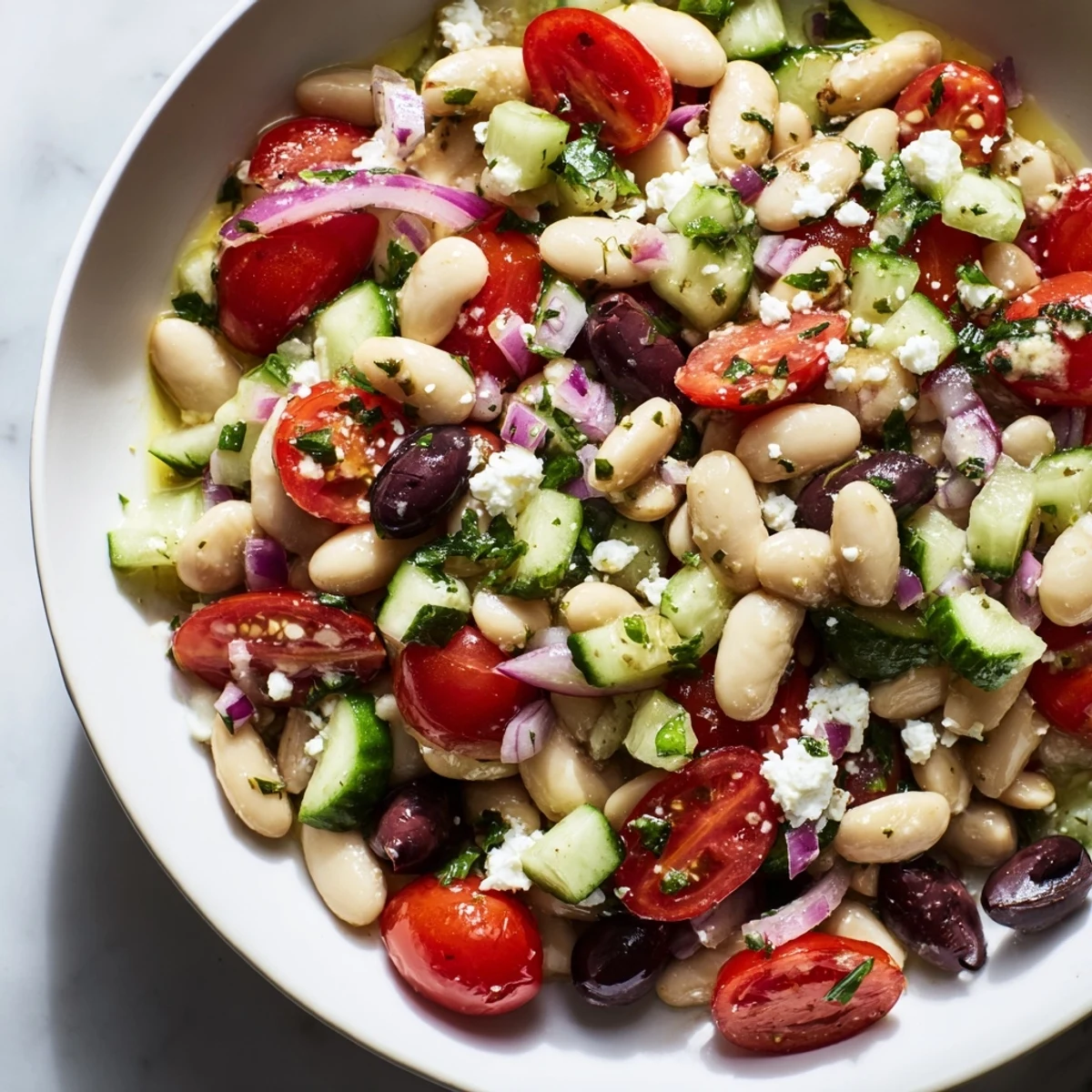 Close-up photo of a refreshing white bean salad, perfect for a light vegetarian lunch option in the summer.