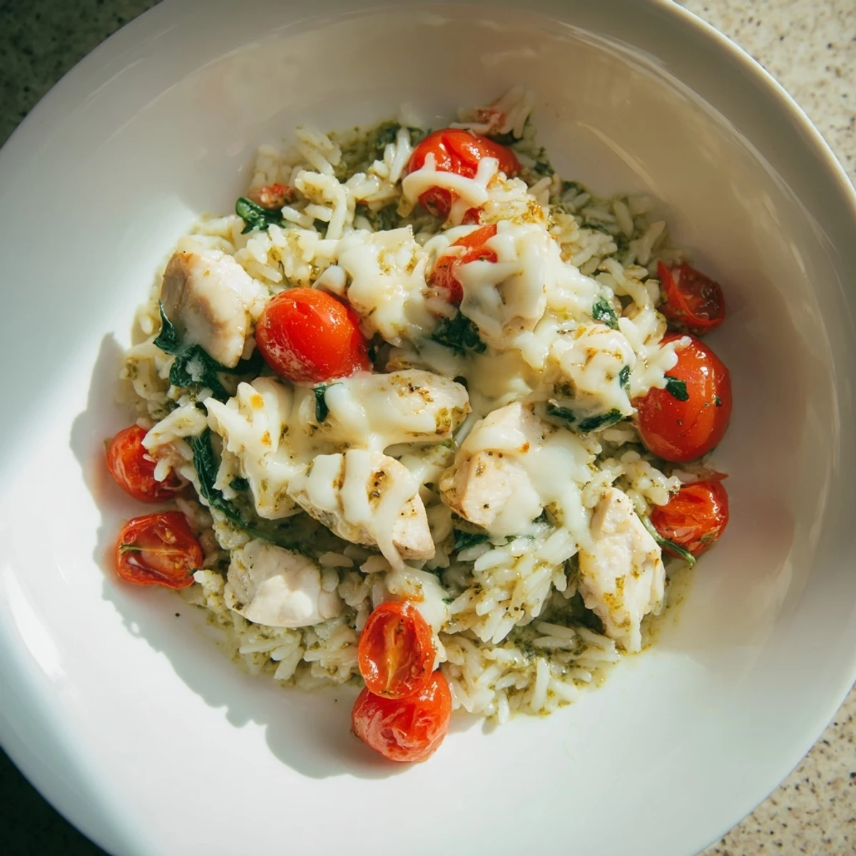 Creamy and satisfying Chicken Pesto Rice Bake: a flavorful casserole ready to eat from a baking dish.