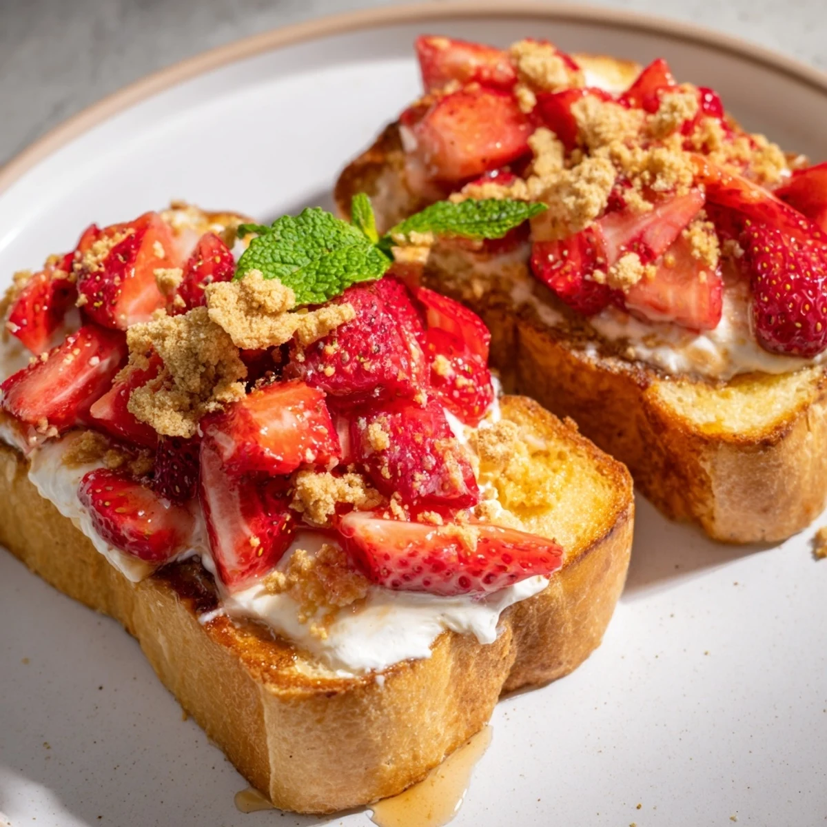 This close-up photo shows fresh Strawberry Cheesecake Toast with vibrant red berries, ready to enjoy for breakfast.